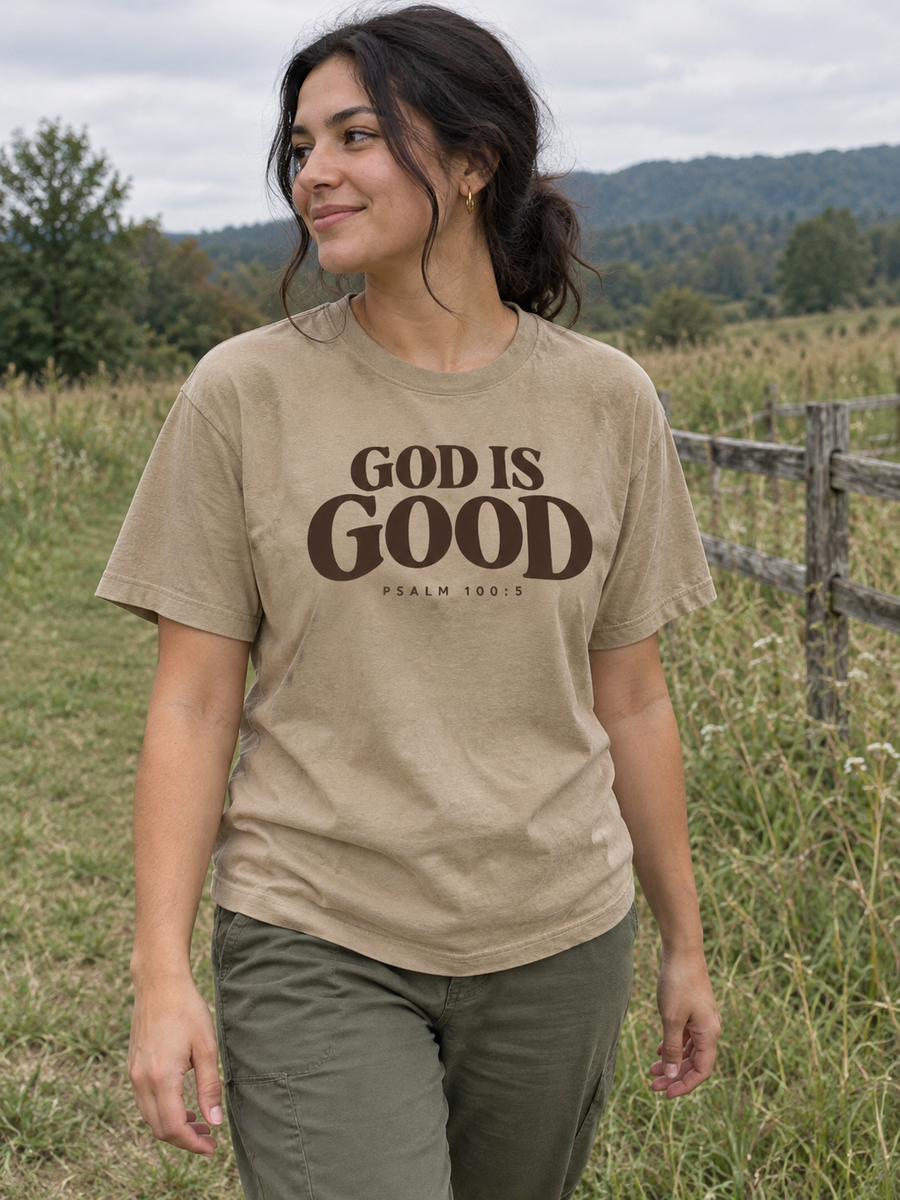 God Is Good Tee Khaki brown front design, candid slider front meadow