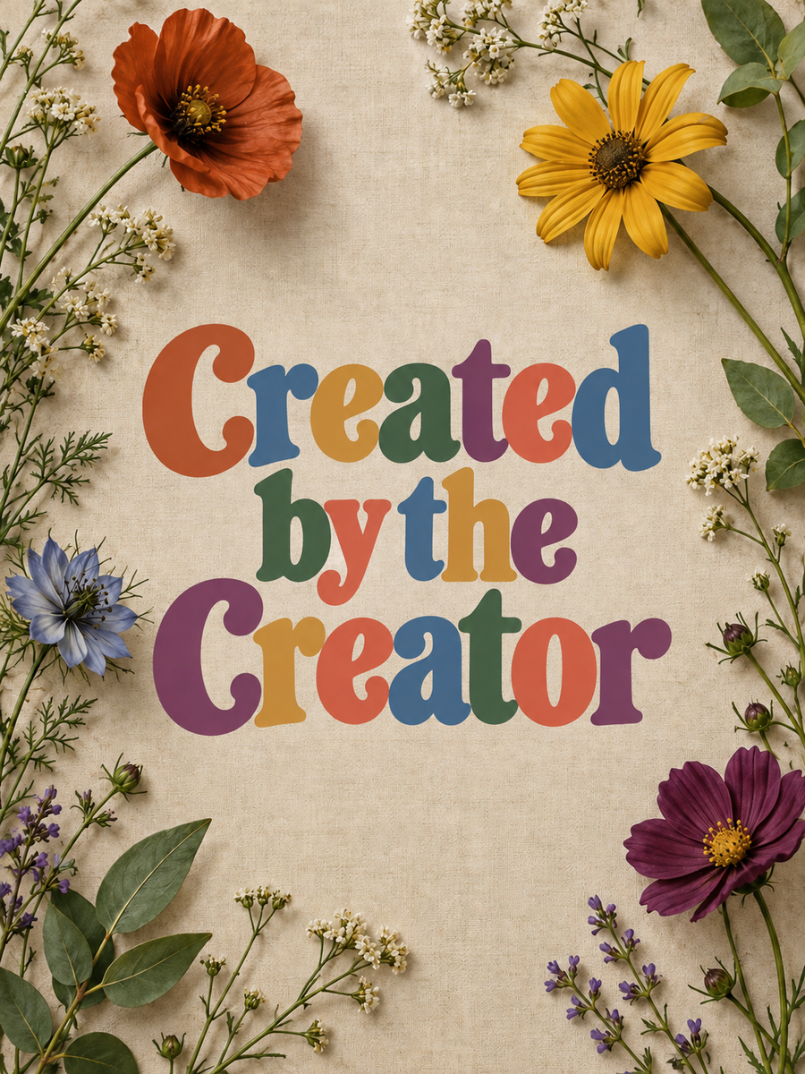Created by the Creator message graphic surrounded by colorful wildflowers; no garment.