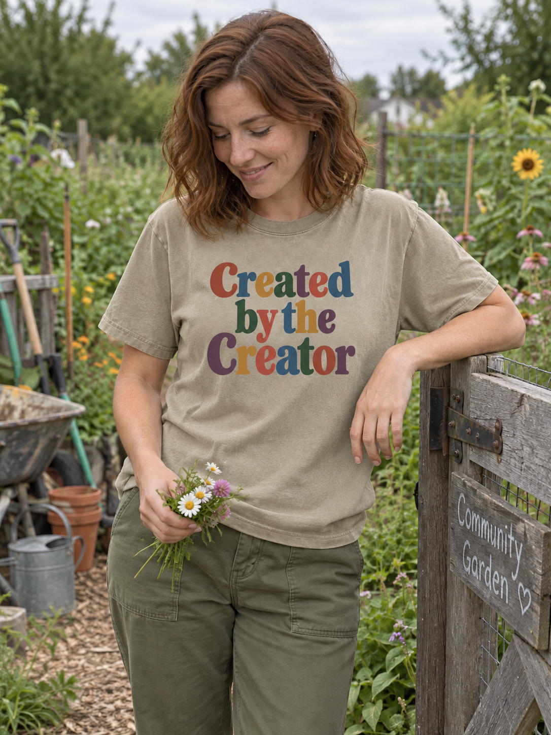 Khaki Created by the Creator tee at a community garden gate, front design.