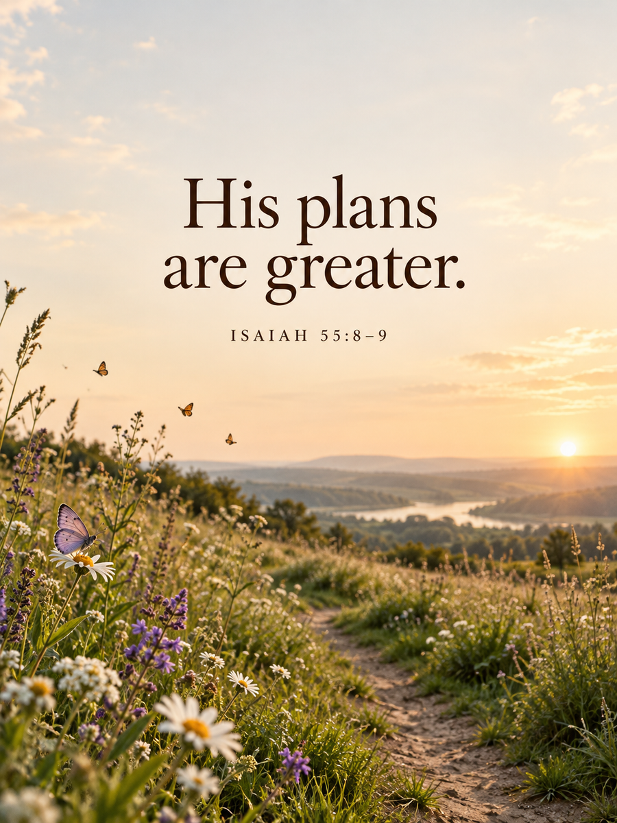 His plans are greater. Isaiah 55:8–9, over a meadow path and butterflies
