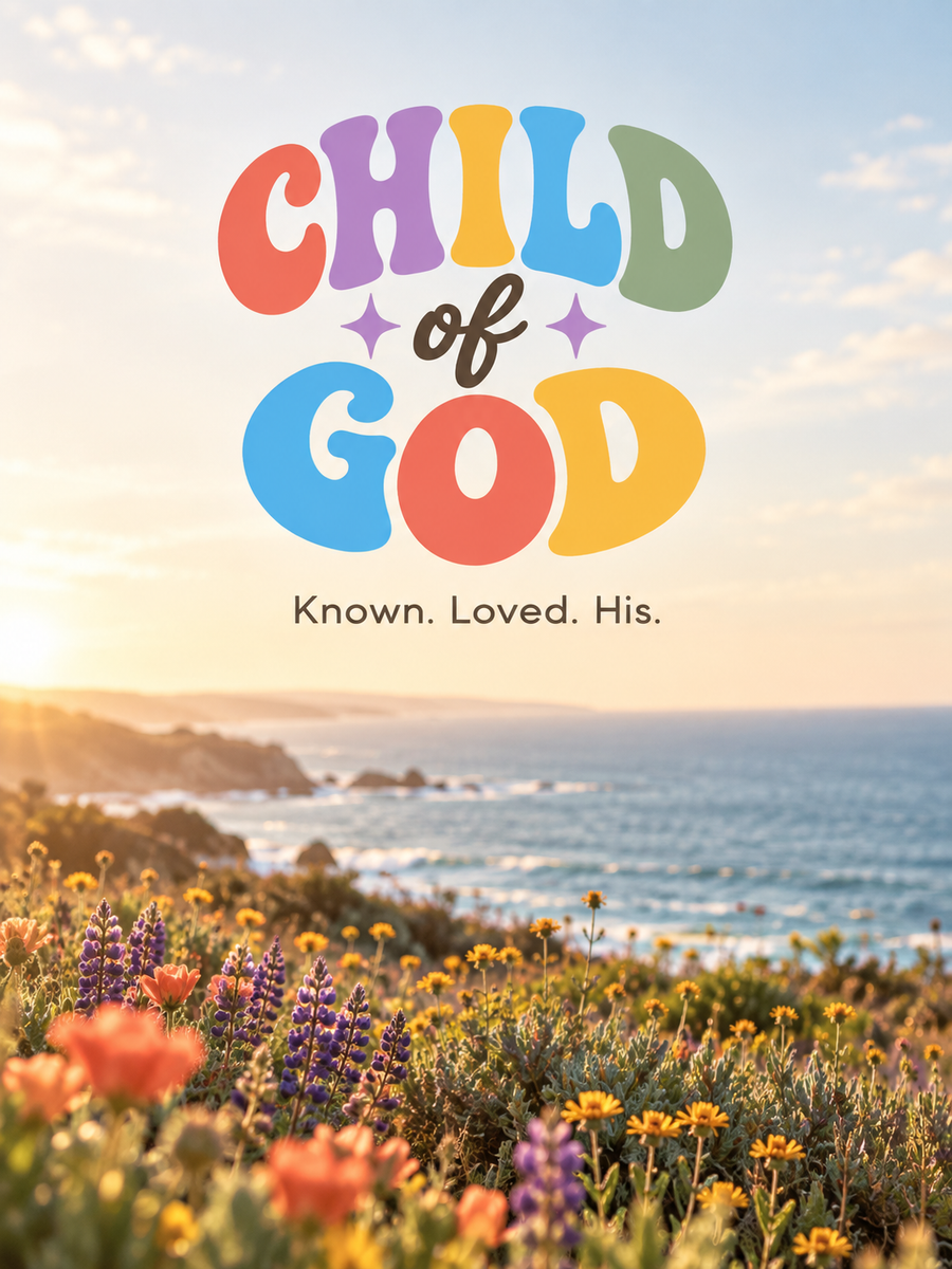 Child of God — Known. Loved. His. over a coastal wildflower landscape.