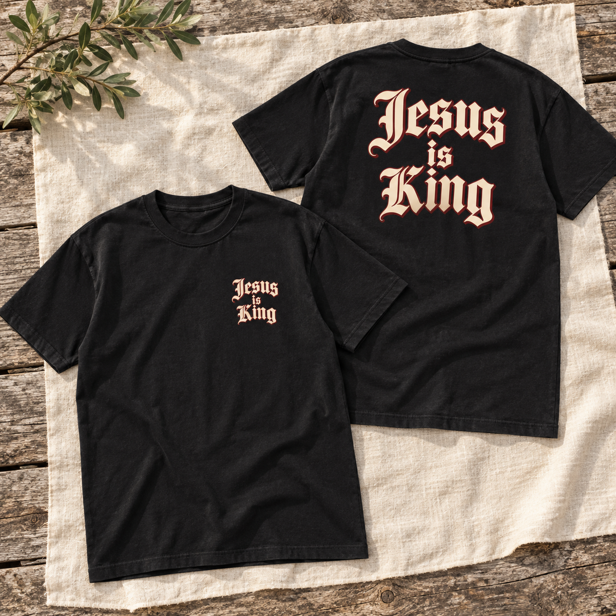 Jesus Is King Royal Lettering black tee — flatlay v2
