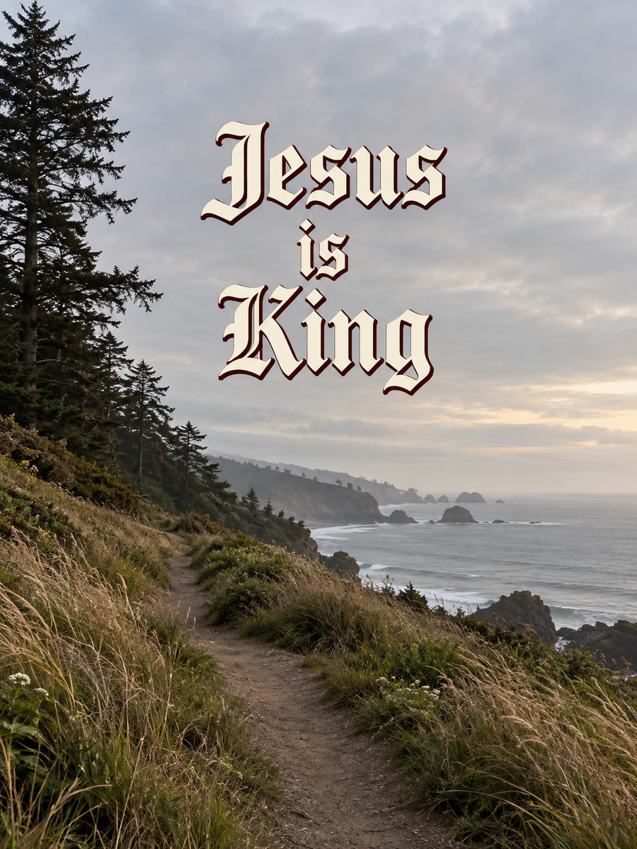 Jesus Is King royal lettering over a quiet coastal path and ocean — lifestyle concept