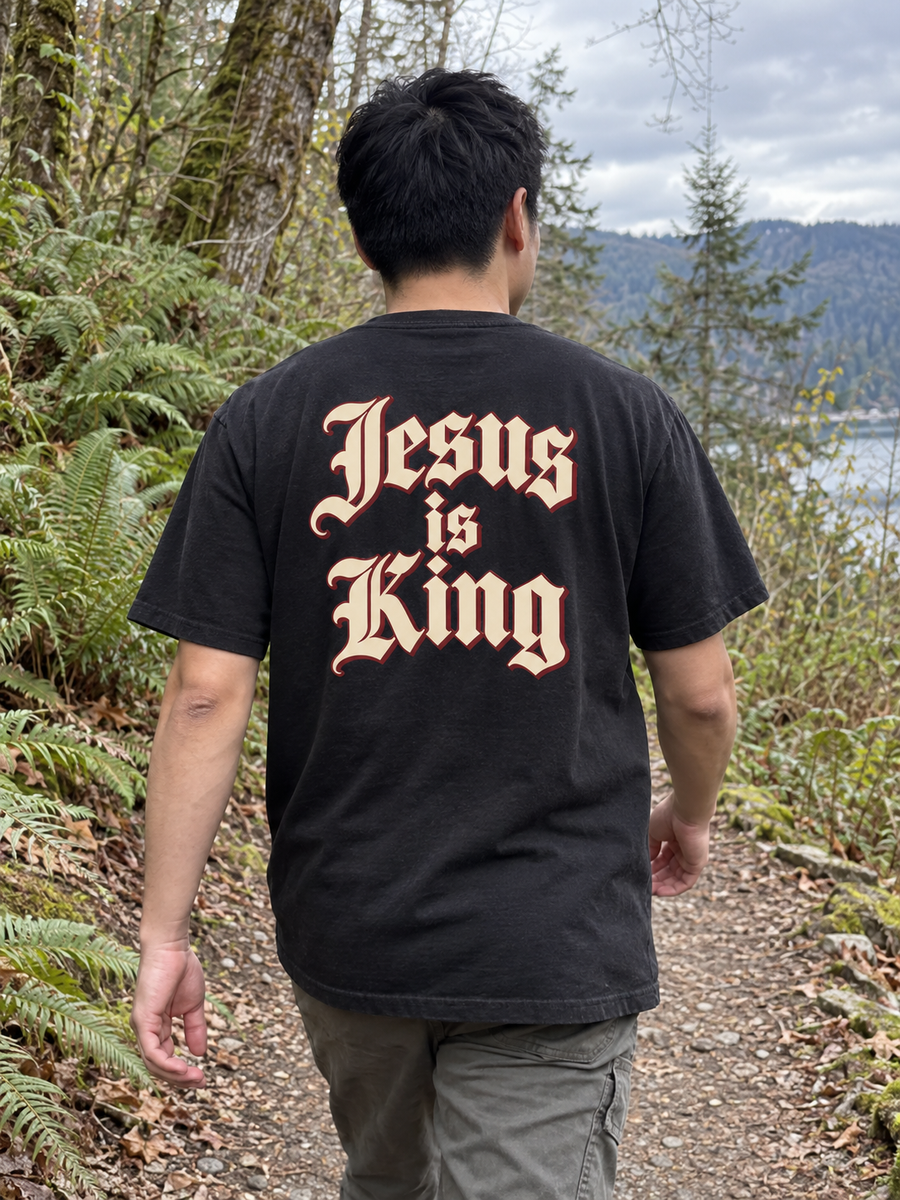 Jesus Is King Royal Lettering black tee — slider back forest