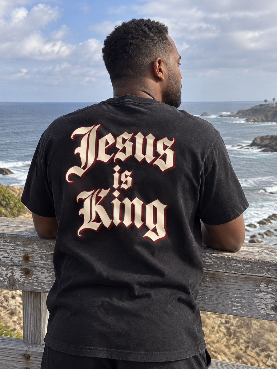 Jesus Is King Royal Lettering black tee — slider front coast