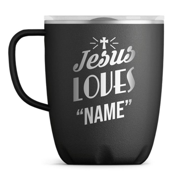 12 Oz, Black Coffee Mug Jesus Loves Your Name Cross Christian Tumbler with Sliding Lid - Shepherds Shelf