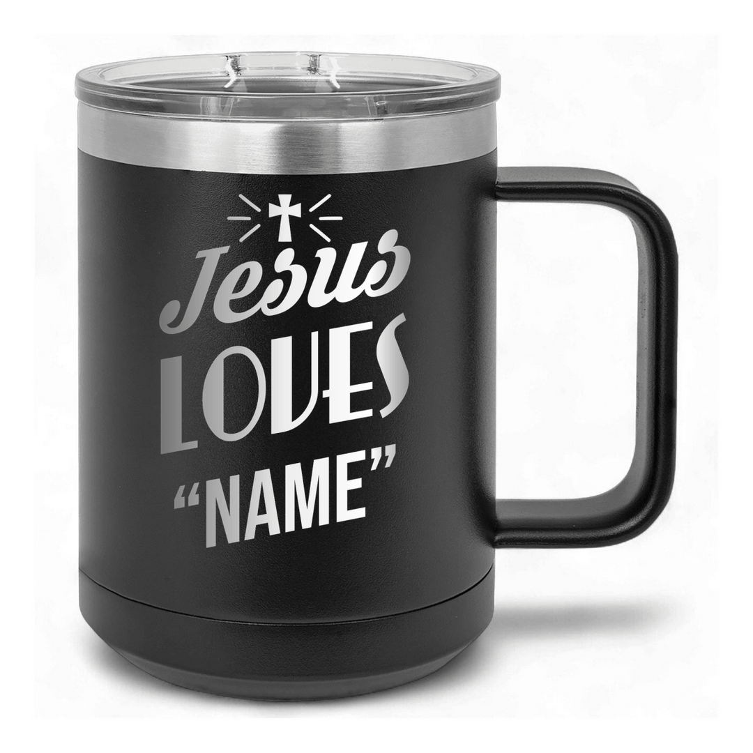 15 Oz Coffee Tumbler with Handle | Customized Jesus Loves Cross | Christian Coffee Mug with Sliding Lid | Black - Shepherds Shelf