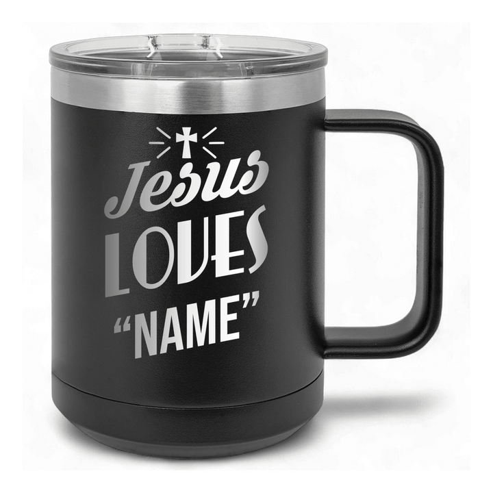 15 Oz Coffee Tumbler with Handle | Customized Jesus Loves Cross | Christian Coffee Mug with Sliding Lid | Black - Shepherds Shelf