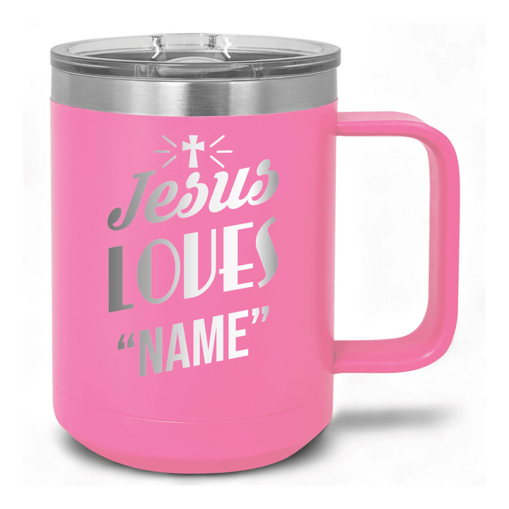 15 Oz Coffee Tumbler with Handle | Customized Jesus Loves Cross | Christian Coffee Mug with Sliding Lid | Black - Shepherds Shelf