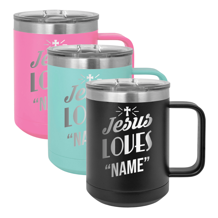 15 Oz Coffee Tumbler with Handle | Customized Jesus Loves Cross | Christian Coffee Mug with Sliding Lid | Black - Shepherds Shelf