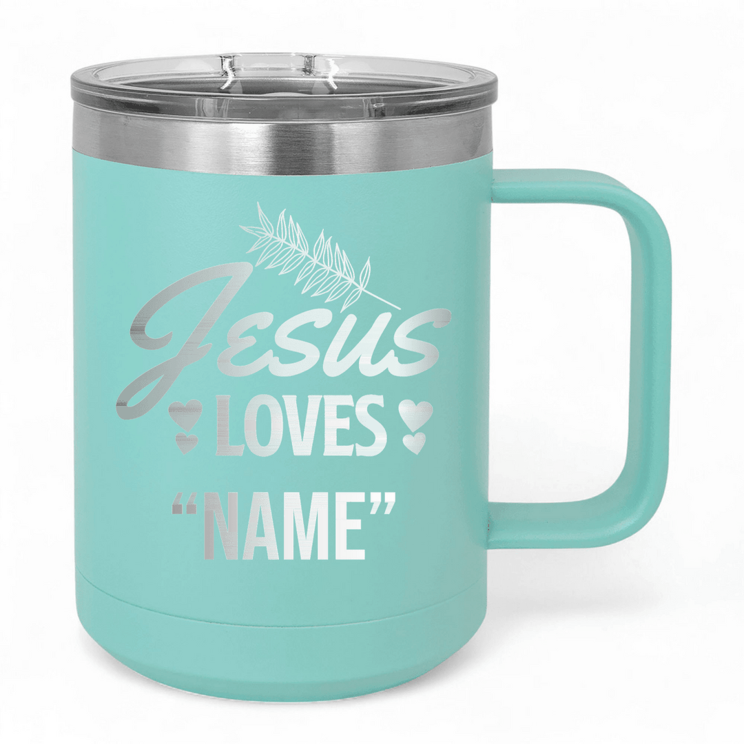 15 Oz Coffee Tumbler with Handle | Customized Jesus Loves Foliage | Christian Coffee Mug with Sliding Lid | Black - Shepherds Shelf