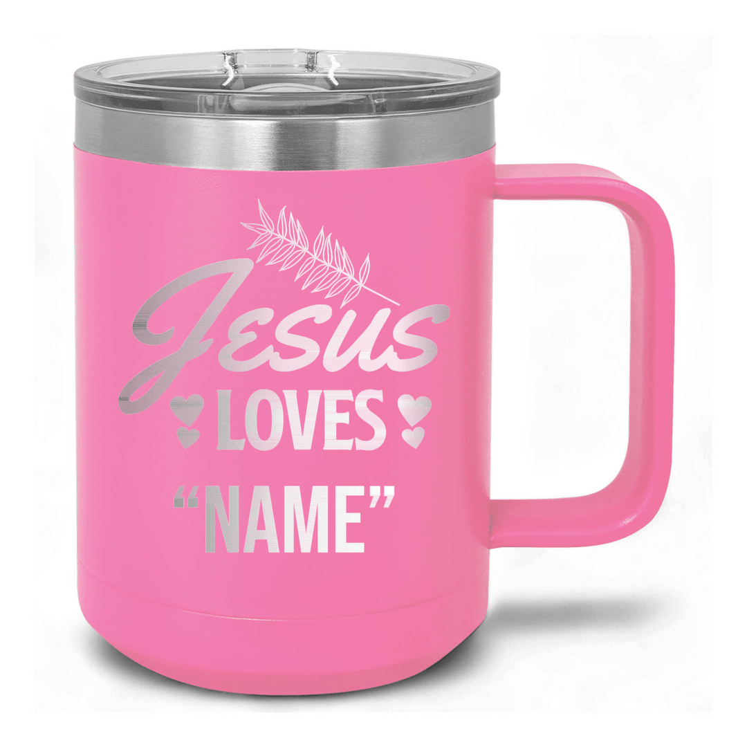 15 Oz Coffee Tumbler with Handle | Customized Jesus Loves Foliage | Christian Coffee Mug with Sliding Lid | Black - Shepherds Shelf