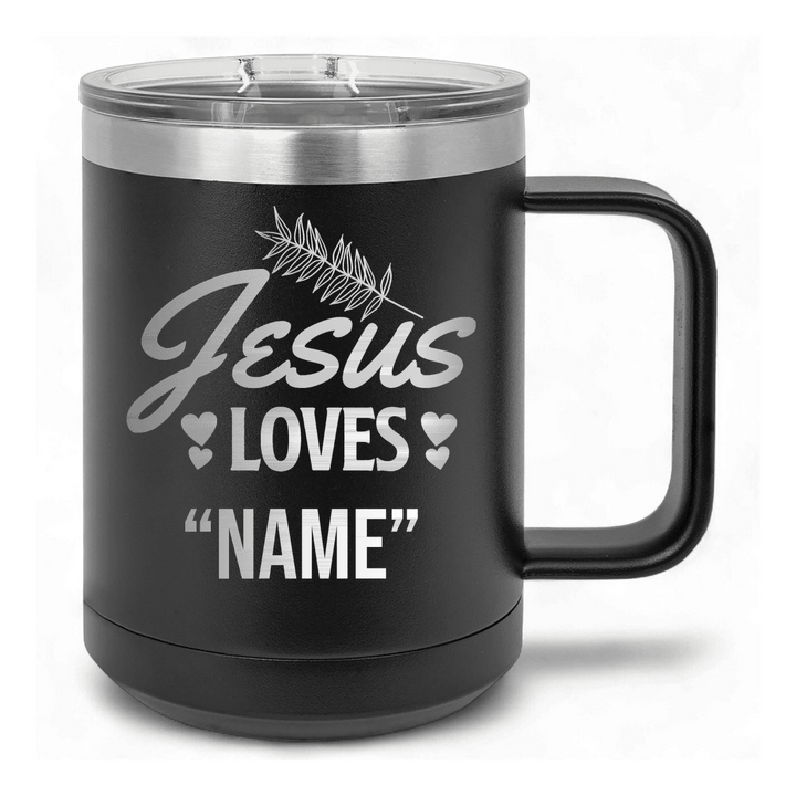 15 Oz Coffee Tumbler with Handle | Customized Jesus Loves Foliage | Christian Coffee Mug with Sliding Lid | Black - Shepherds Shelf