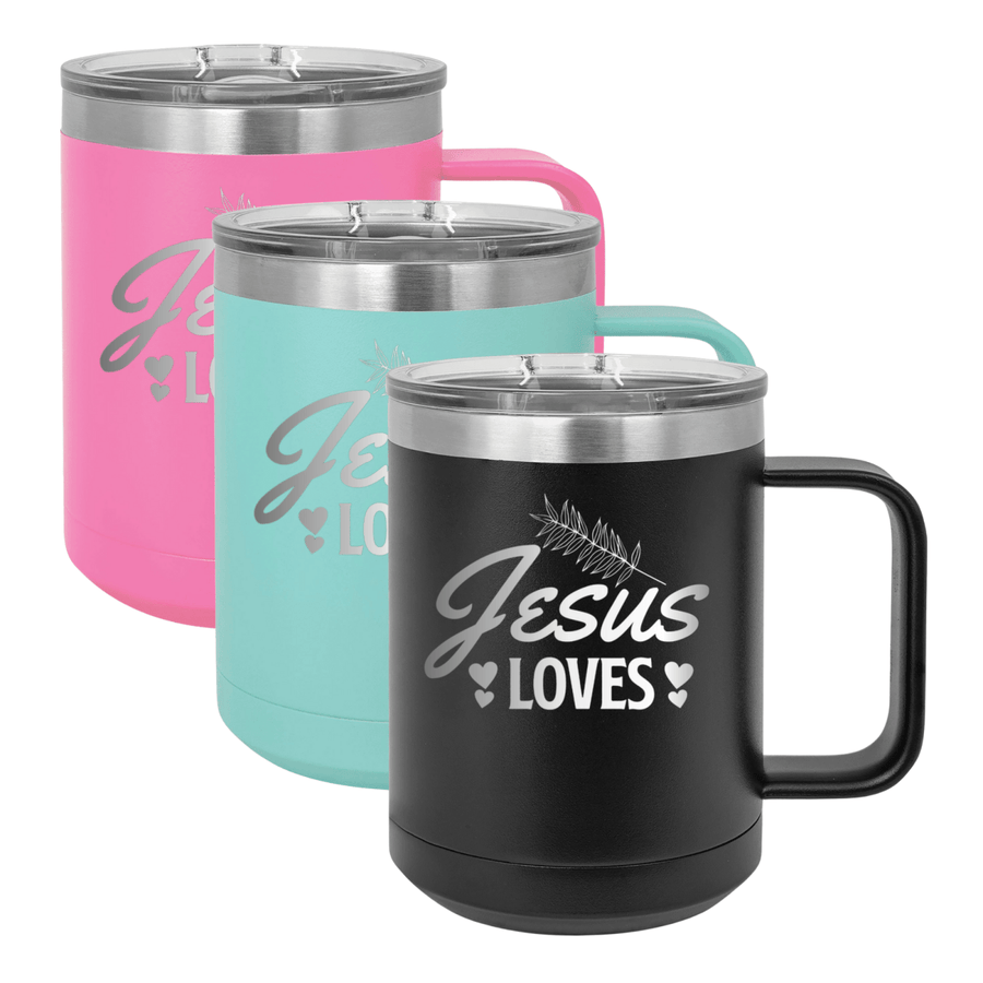 15 Oz Coffee Tumbler with Handle | Customized Jesus Loves Foliage | Christian Coffee Mug with Sliding Lid | Black - Shepherds Shelf