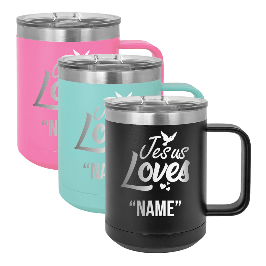 15 Oz Coffee Tumbler with Handle | Customized Jesus Loves Name | Christian Coffee Mug with Sliding Lid | Black - Shepherds Shelf