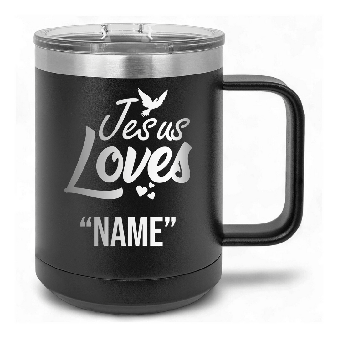 15 Oz Coffee Tumbler with Handle | Customized Jesus Loves Name | Christian Coffee Mug with Sliding Lid | Black - Shepherds Shelf