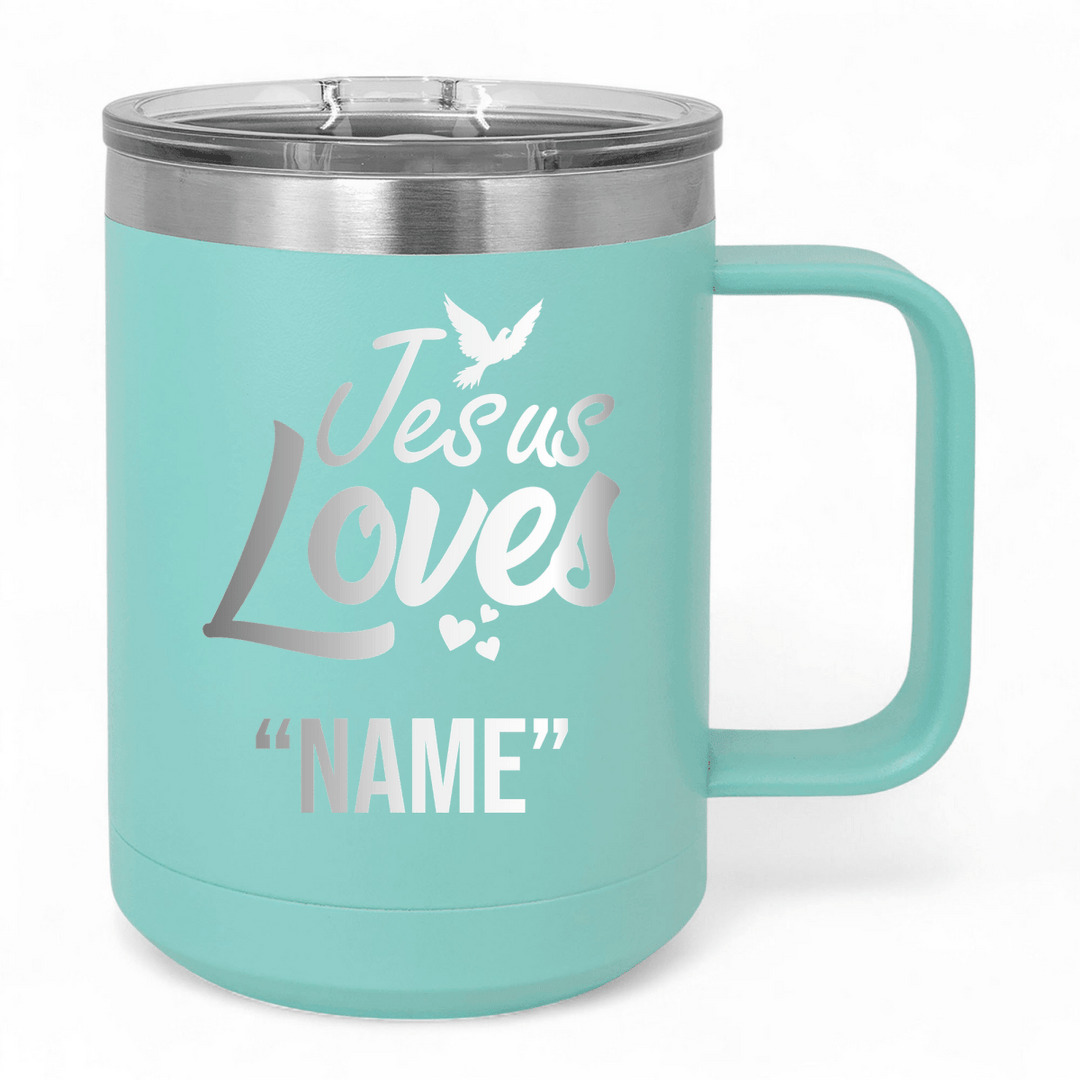 15 Oz Coffee Tumbler with Handle | Customized Jesus Loves Name | Christian Coffee Mug with Sliding Lid | Black - Shepherds Shelf