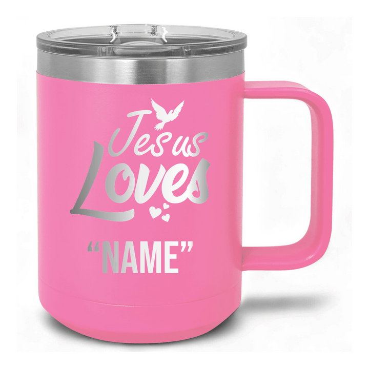15 Oz Coffee Tumbler with Handle | Customized Jesus Loves Name | Christian Coffee Mug with Sliding Lid | Black - Shepherds Shelf