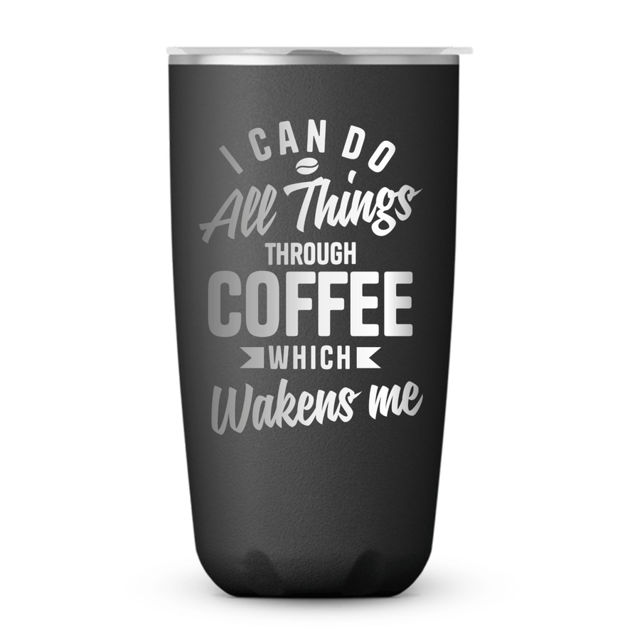 18 Oz, Onyx Coffee Tumbler All Things Through Coffee Funny Christian Mug with Sliding Lid - Shepherds Shelf