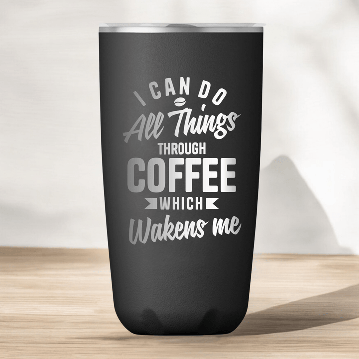 18 Oz, Onyx Coffee Tumbler All Things Through Coffee Funny Christian Mug with Sliding Lid - Shepherds Shelf