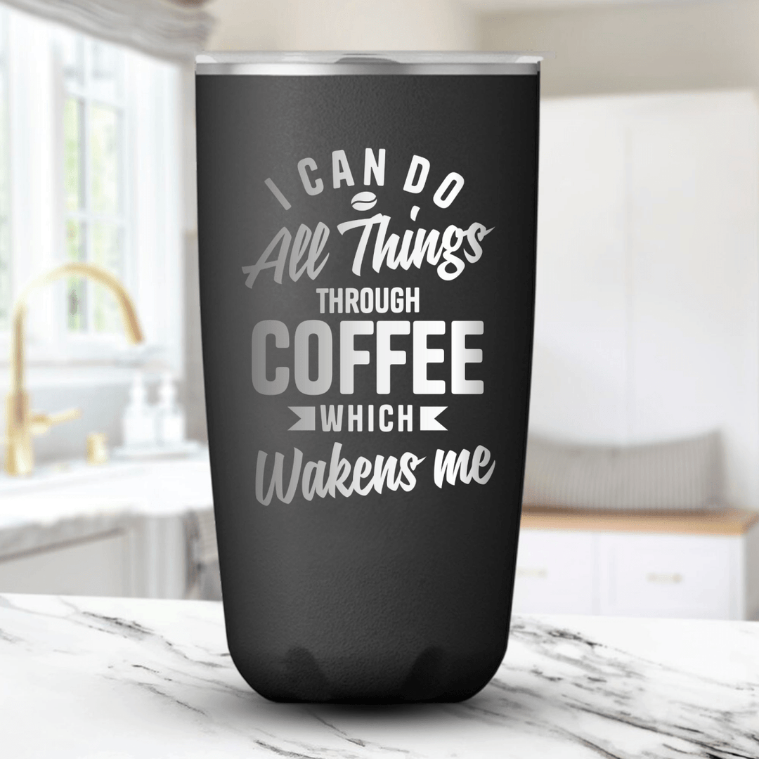 18 Oz, Onyx Coffee Tumbler All Things Through Coffee Funny Christian Mug with Sliding Lid - Shepherds Shelf