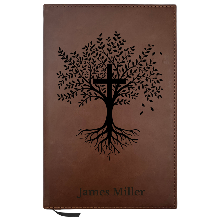 Personalized Brown Leatherette Journal Notebook | Trees with Cross