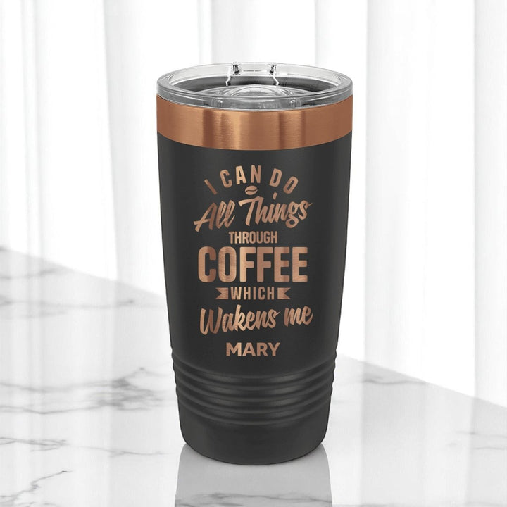 20 Oz Custom Tumbler Stainless Steel with Sliding Lid | Coffee Strong Faith Stronger Design | Rose Gold, Black - Shepherds Shelf