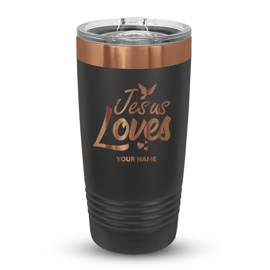 20 Oz Custom Tumbler Stainless Steel with Sliding Lid | Jesus Loves Dove Design | Rose Gold, Black - Shepherds Shelf