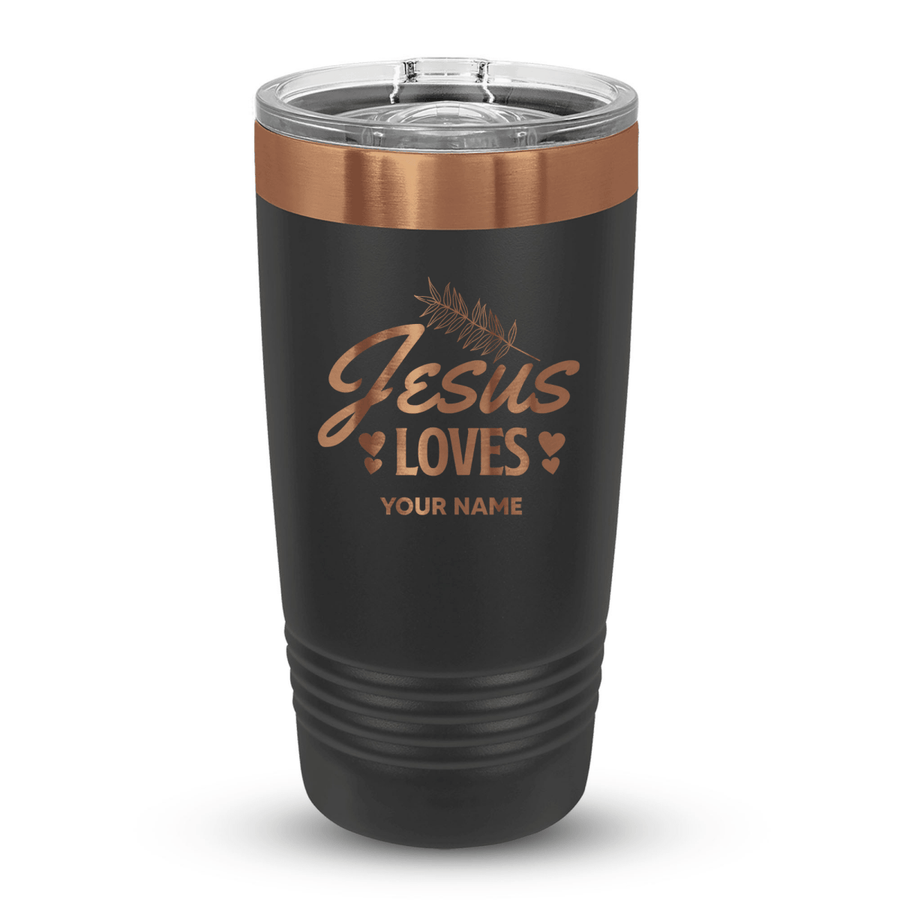 20 Oz Custom Tumbler Stainless Steel with Sliding Lid | Jesus Loves Foliage Design | Rose Gold, Black - Shepherds Shelf