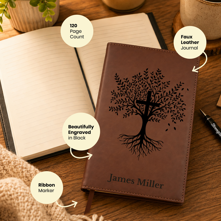 Personalized Brown Leatherette Journal Notebook | Trees with Cross