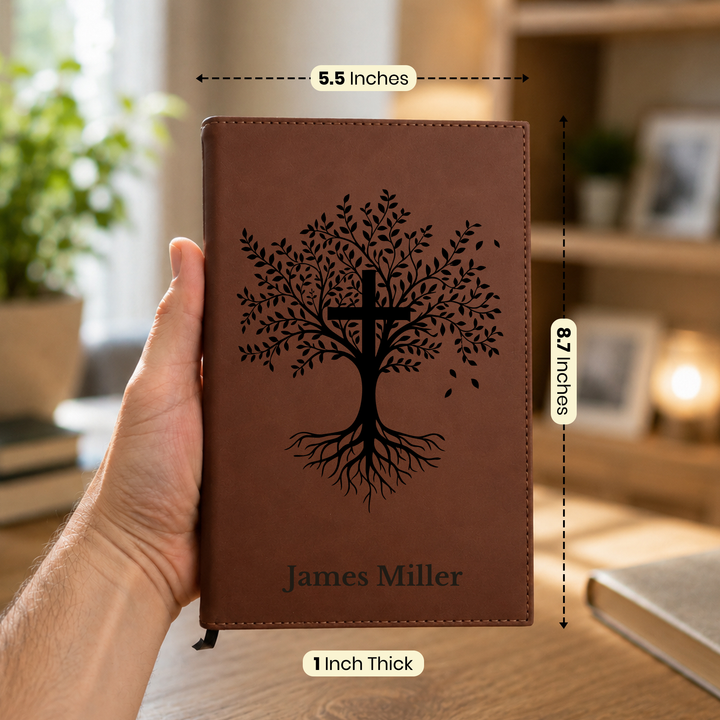 Personalized Brown Leatherette Journal Notebook | Trees with Cross