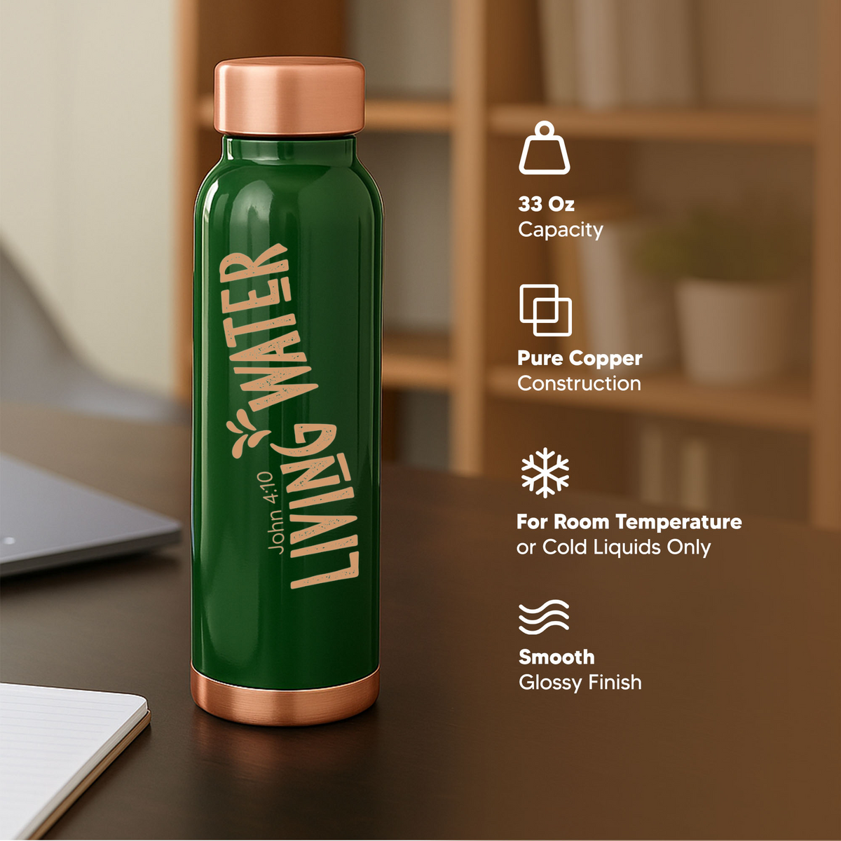 Custom Personalized Copper Water Bottle with John 4:10 Living Water and Name | Pure Copper | 33 Oz