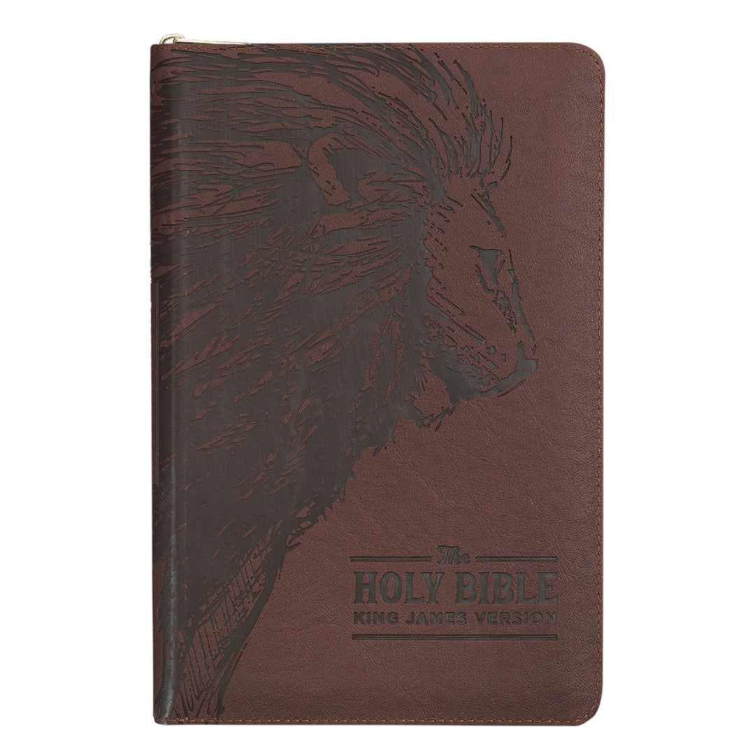 Personalized Deluxe Walnut Brown with Lion Head Design KJV Bible | Shepherds Shelf