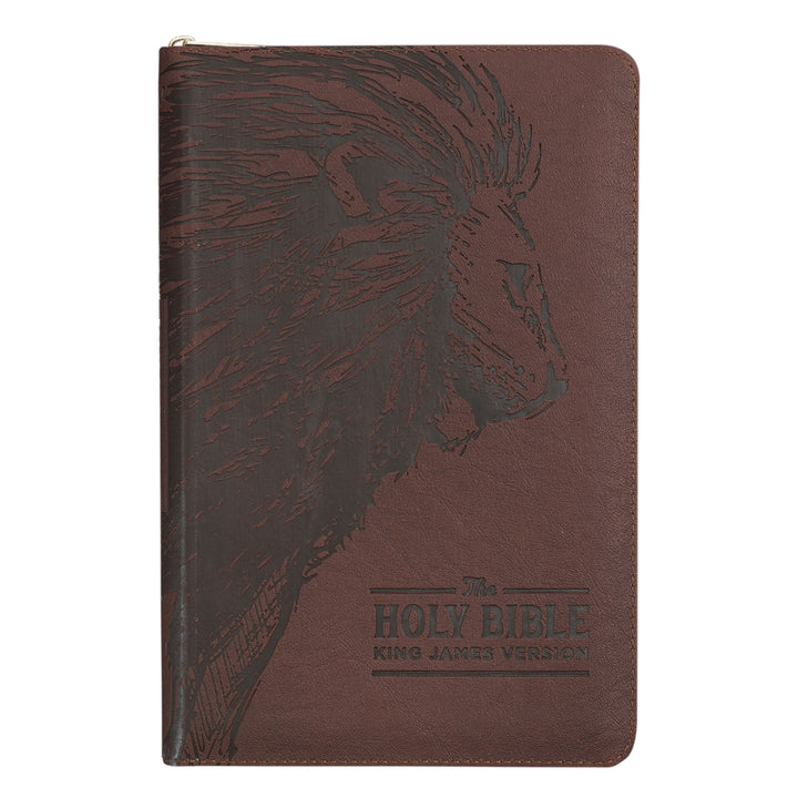 Personalized Deluxe Walnut Brown with Lion Head Design KJV Bible | Shepherds Shelf