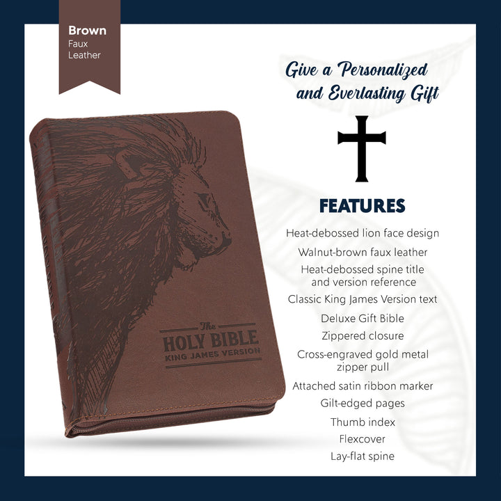 Personalized Deluxe Walnut Brown with Lion Head Design KJV Bible | Shepherds Shelf