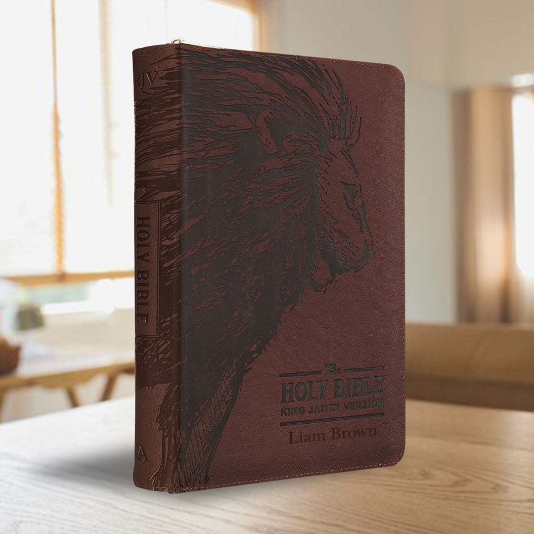 Personalized Deluxe Walnut Brown with Lion Head Design KJV Bible | Shepherds Shelf