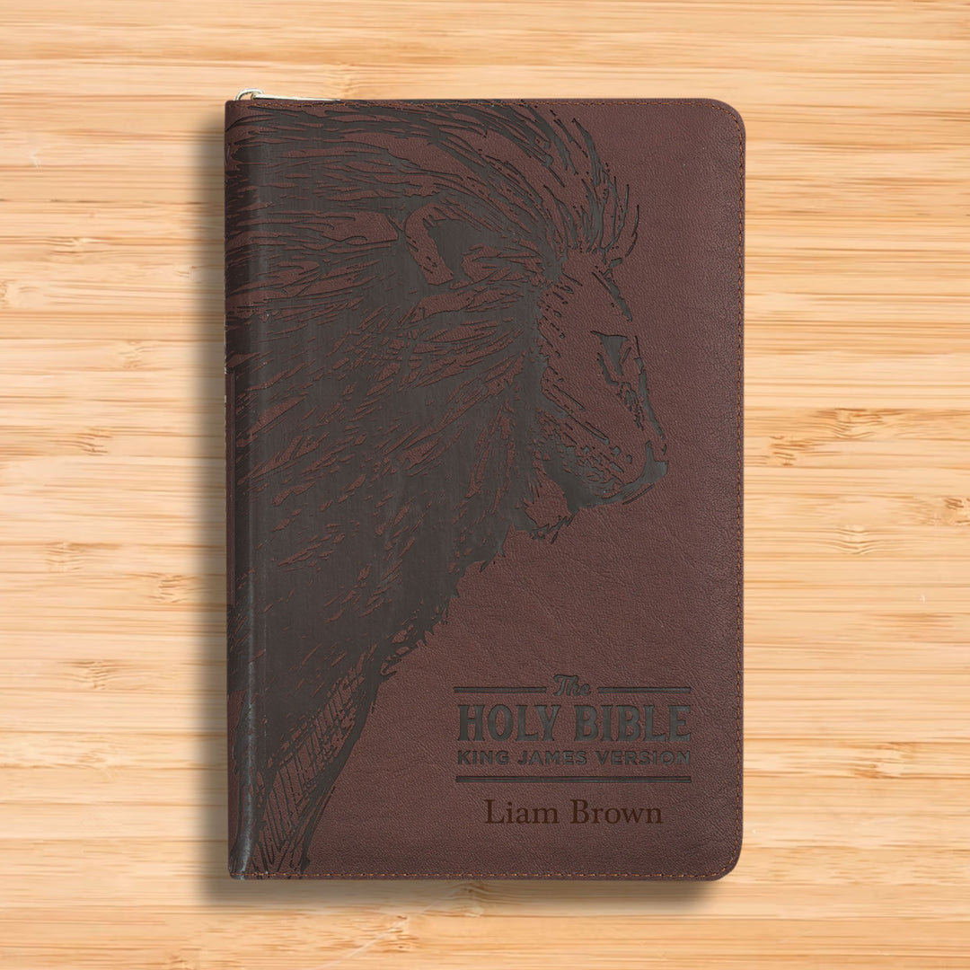 Personalized Deluxe Walnut Brown with Lion Head Design KJV Bible | Shepherds Shelf