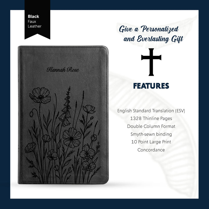 ESV Black Standard Size Thinline Holy Bible Large Print | Bunch of Flowers