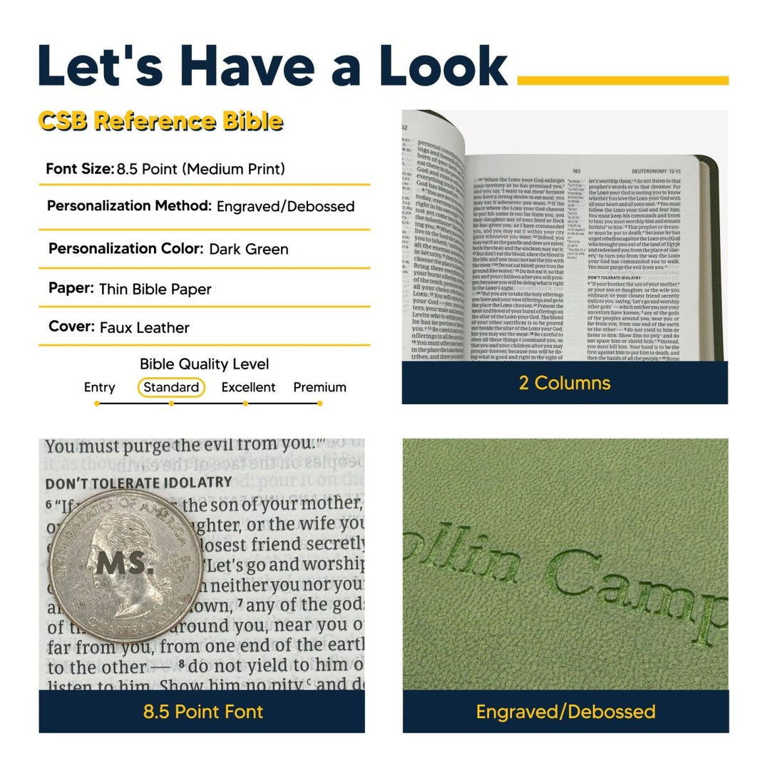 Personalized CSB Thinline Bible Faux Leather Medium Print Size Olive Green | Shepherd Shelf