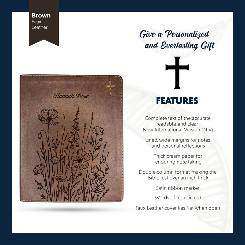 NIV Brown Standard Size Notetaking Holy Bible Medium Print | Bunch of Flowers