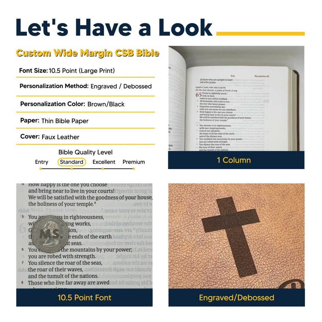 Personalized CSB Wide Margin Single Column Bible Faux Leather Bible Large Print Size FULL COVER with Your Text Here| Shepherds Shelf