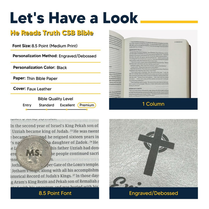 Personalized CSB He Reads Truth Community Study Bible Faux Leather Medium Print Size FULL COVER with The Three cross Gray | Shepherds Shelf