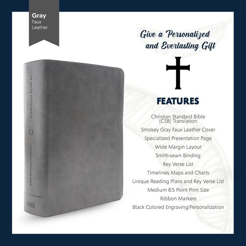 Personalized CSB He Reads Truth Community Study Bible Faux Leather Medium Print Size FULL COVER with Christian Cross  Gray | Shepherds Shelf