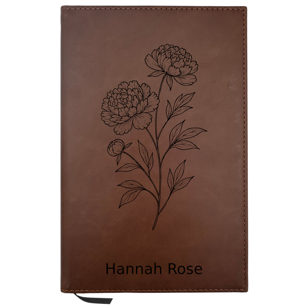 Personalized Brown Leatherette Journal Notebook | Peony White Flower