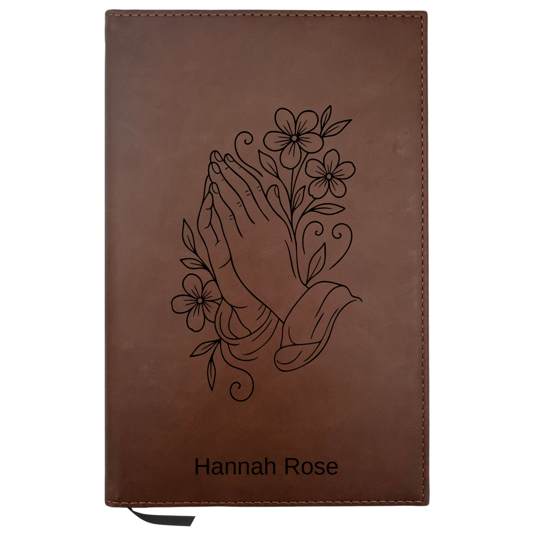 Personalized Brown Leatherette Journal Notebook | Praying Hand With Flowers