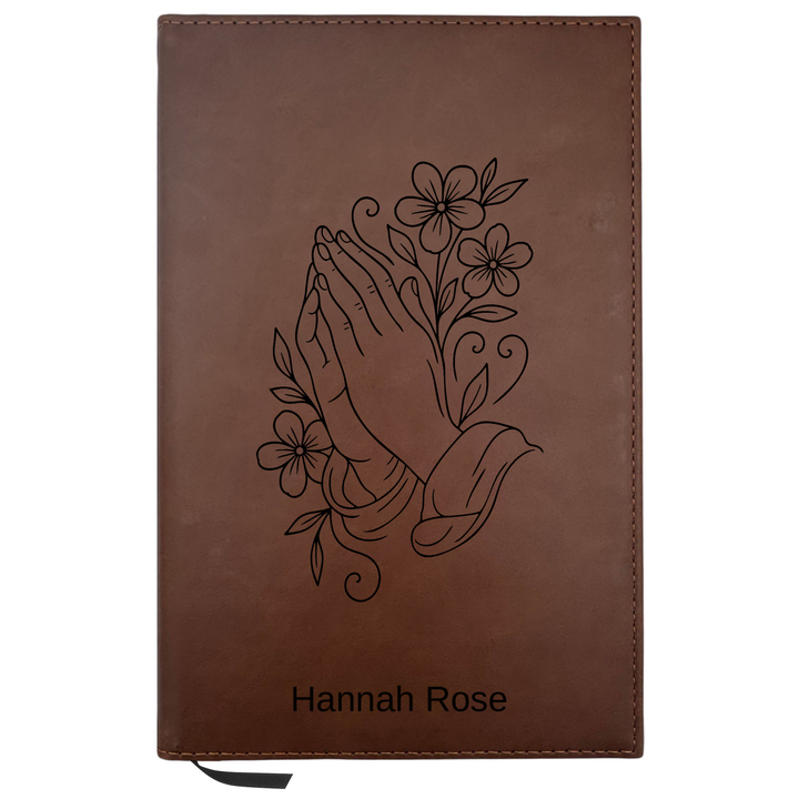 Personalized Brown Leatherette Journal Notebook | Praying Hand With Flowers