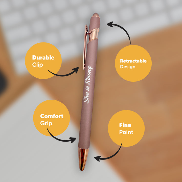She is Strong Rose Gold Metal Stylus Pen Black Ink, Pink
