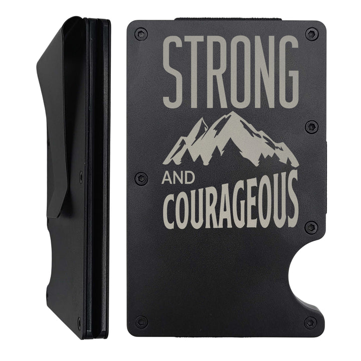 Custom Thin Metal Wallet Personalized with Joshua 1:9 | Strong & Courageous | Black