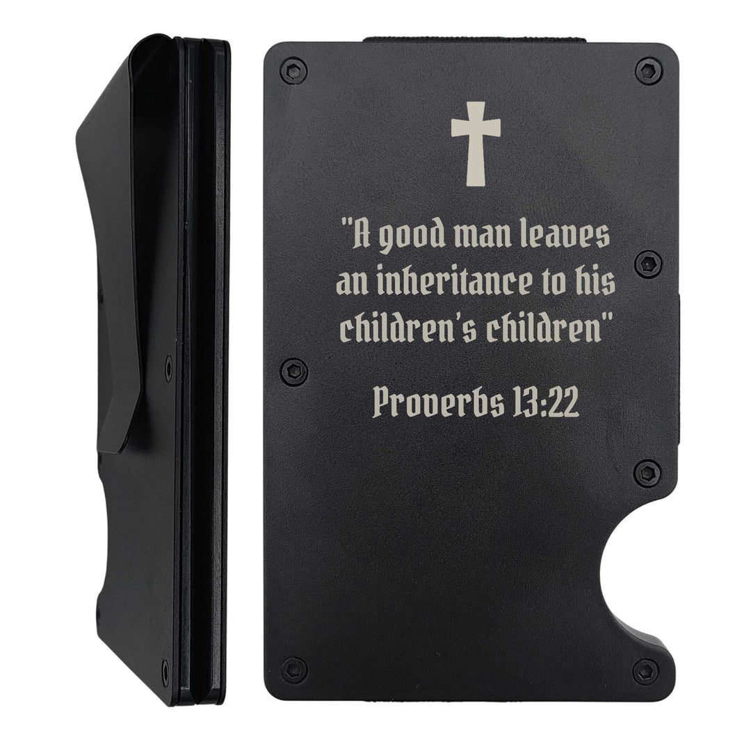 Custom Thin Metal Wallet Proverbs with 13:22 | Children's Inheritance | Black