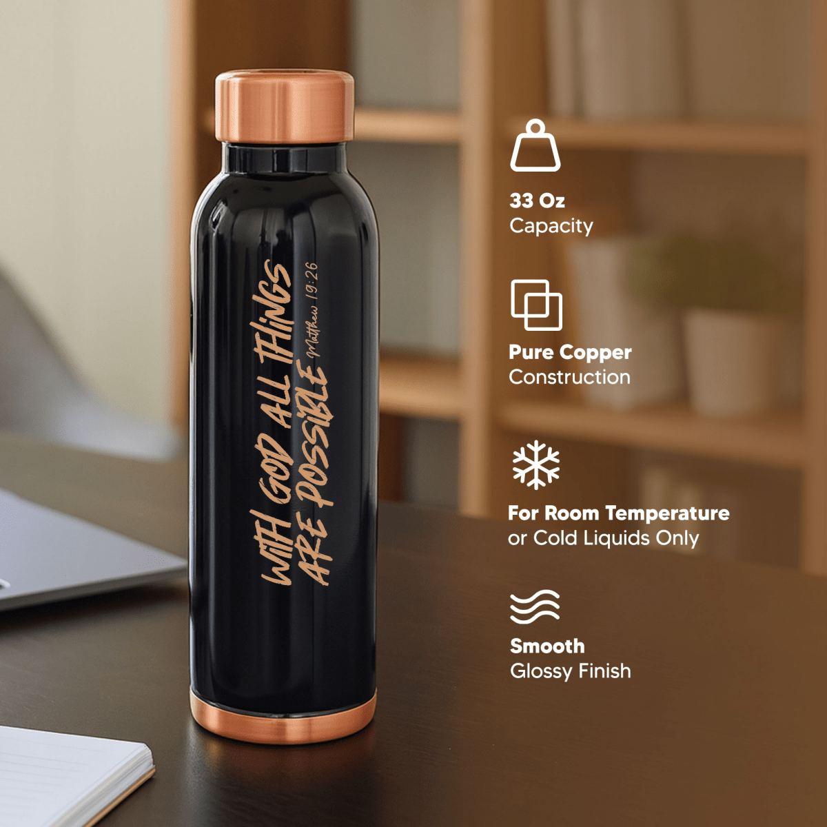 All Things Possible Custom Personalized Copper Water Bottle Matthew 19:26 and Name | Pure Copper | 33 Oz - Shepherds Shelf